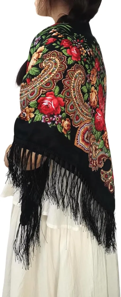 Russian Style Muffler Warm Scarf with Tassel Women's Traditional Scarf Wrap Shawl Fringes Printing Cape