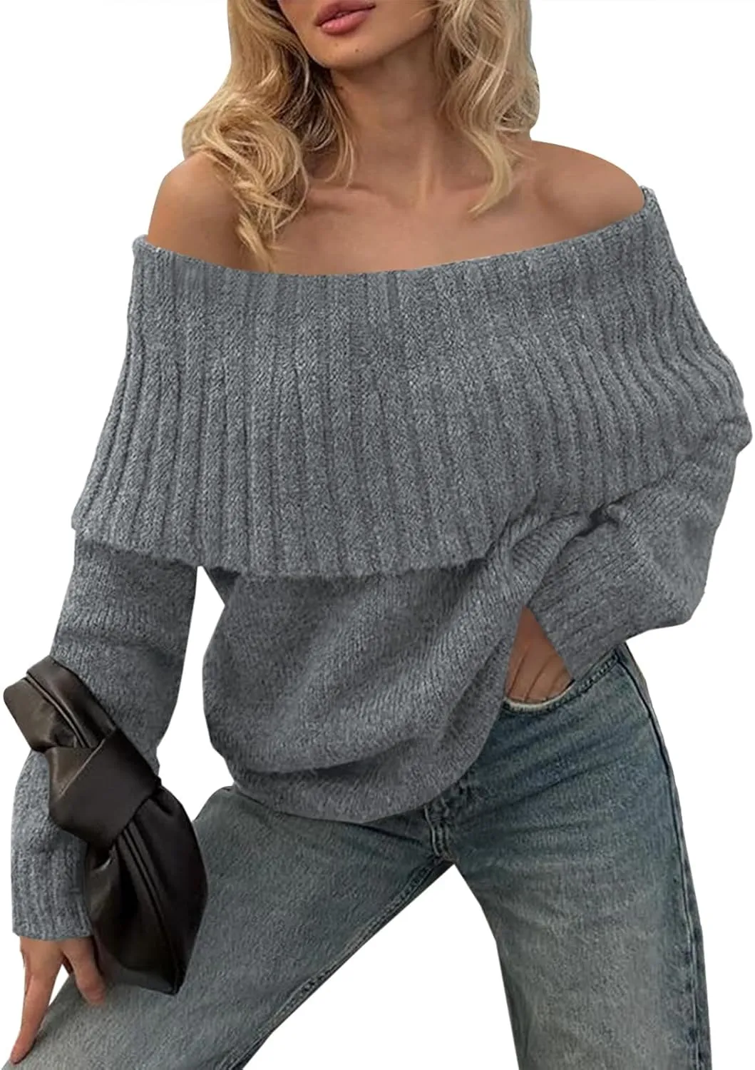 Saodimallsu Womens Off The Shoulder Sweaters Long Sleeve Slouchy Knitted Casual Loose Fall Trendy Pullover Tops