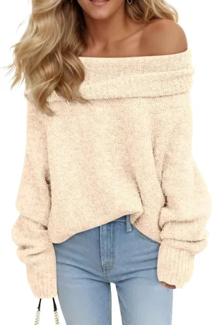 Saodimallsu Womens Off The Shoulder Sweaters Long Sleeve Slouchy Knitted Casual Loose Fall Trendy Pullover Tops