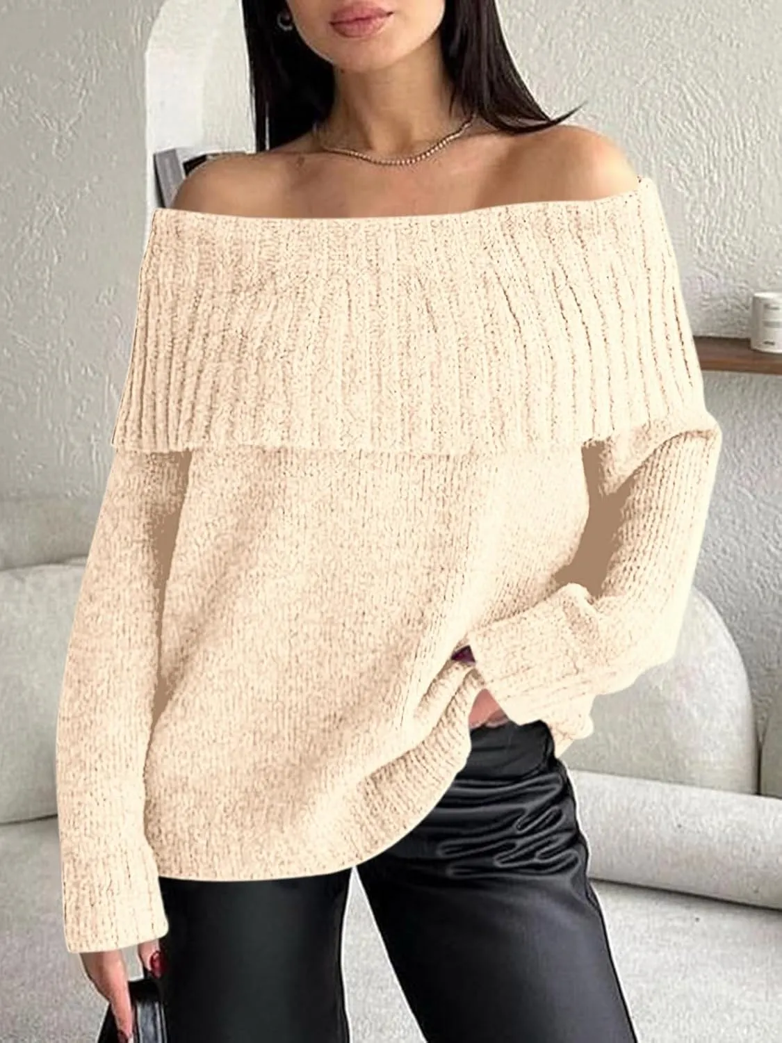 Saodimallsu Womens Off The Shoulder Sweaters Long Sleeve Slouchy Knitted Casual Loose Fall Trendy Pullover Tops