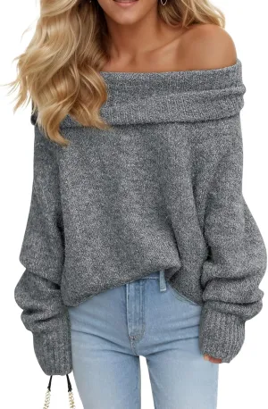 Saodimallsu Womens Off The Shoulder Sweaters Long Sleeve Slouchy Knitted Casual Loose Fall Trendy Pullover Tops