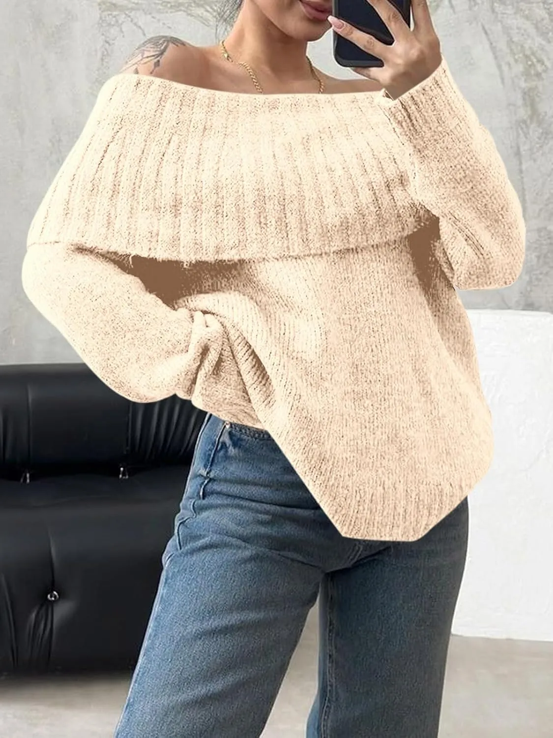 Saodimallsu Womens Off The Shoulder Sweaters Long Sleeve Slouchy Knitted Casual Loose Fall Trendy Pullover Tops