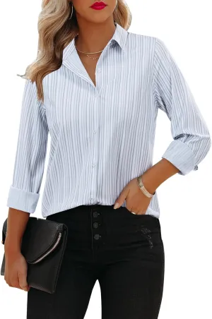 siliteelon Button Down Shirts for Women Striped Long Sleeve Dress Shirts Collared Office Work Blouses Button Up Tops