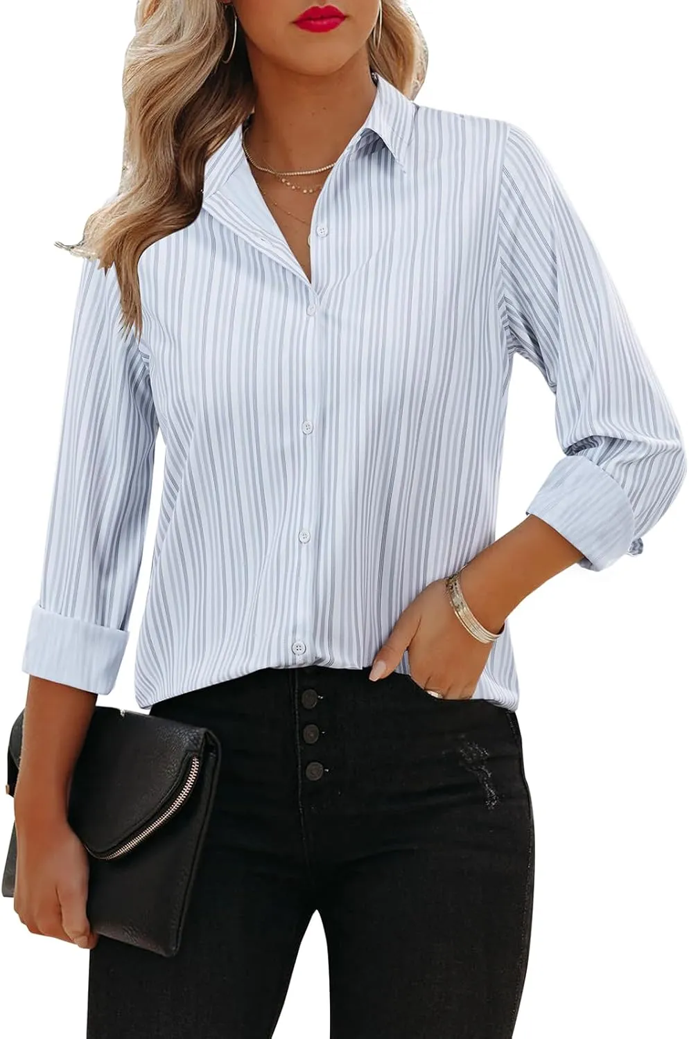 siliteelon Button Down Shirts for Women Striped Long Sleeve Dress Shirts Collared Office Work Blouses Button Up Tops