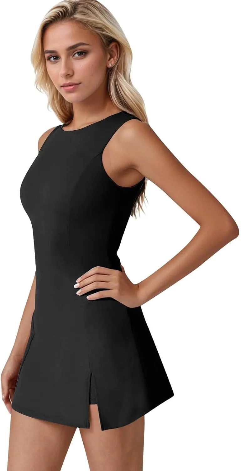 Skort Dress for Women Sleeveless Bodycon Side Slit Mini Tennis Dress with Shorts Cute Summer Active Comfy Shift Dresses