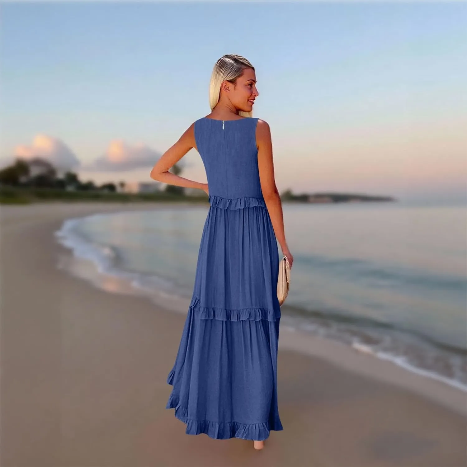 Smocked Dress Women Summer Sleeveless Tank Dresses Halter Tie Back Flowy Ruffle Tiered Maxi Dress with Pockets