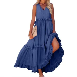 Smocked Dress Women Summer Sleeveless Tank Dresses Halter Tie Back Flowy Ruffle Tiered Maxi Dress with Pockets