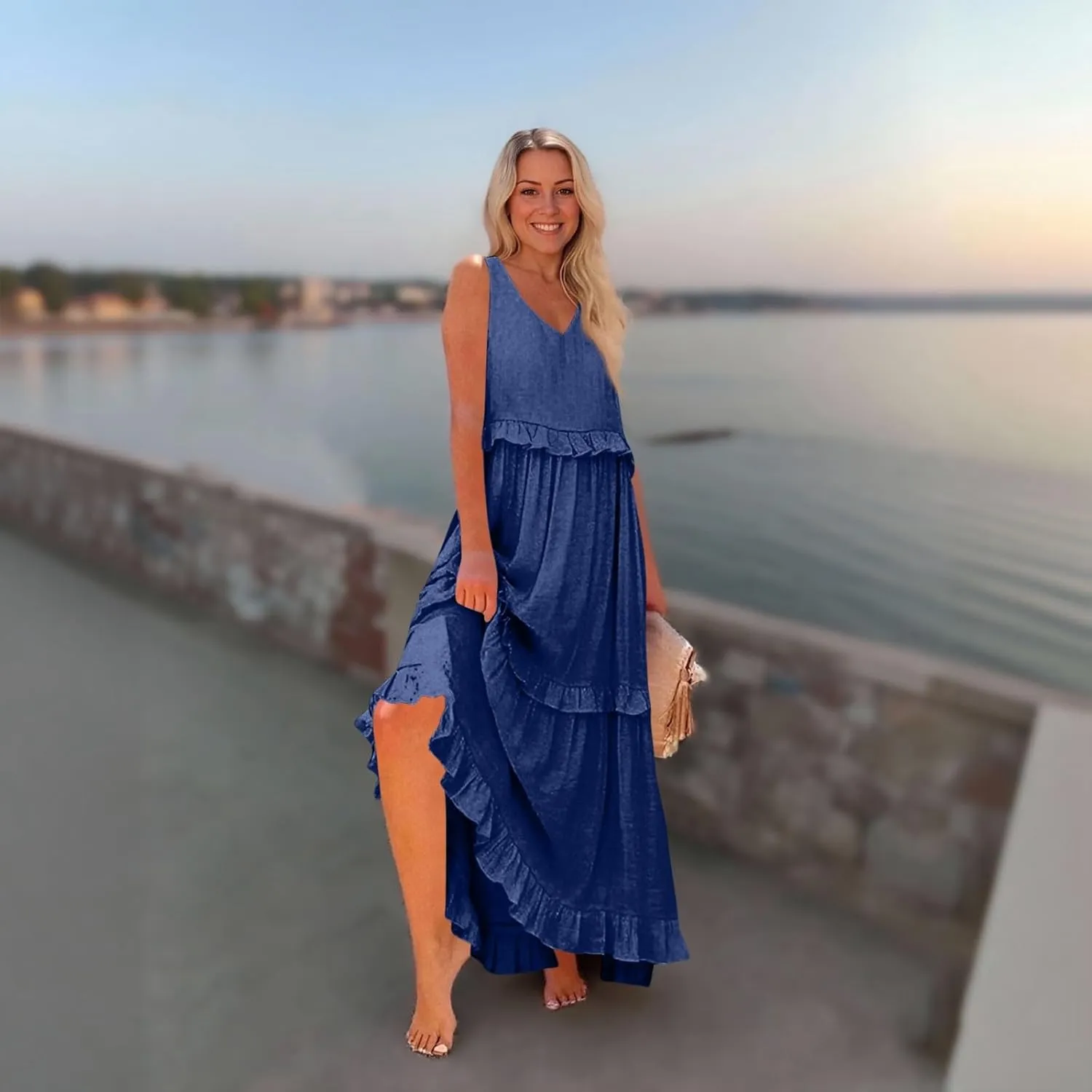 Smocked Dress Women Summer Sleeveless Tank Dresses Halter Tie Back Flowy Ruffle Tiered Maxi Dress with Pockets