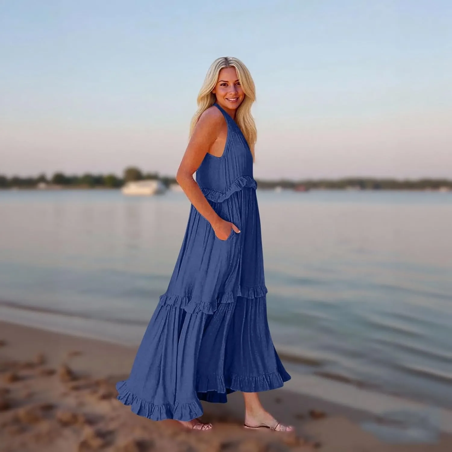 Smocked Dress Women Summer Sleeveless Tank Dresses Halter Tie Back Flowy Ruffle Tiered Maxi Dress with Pockets