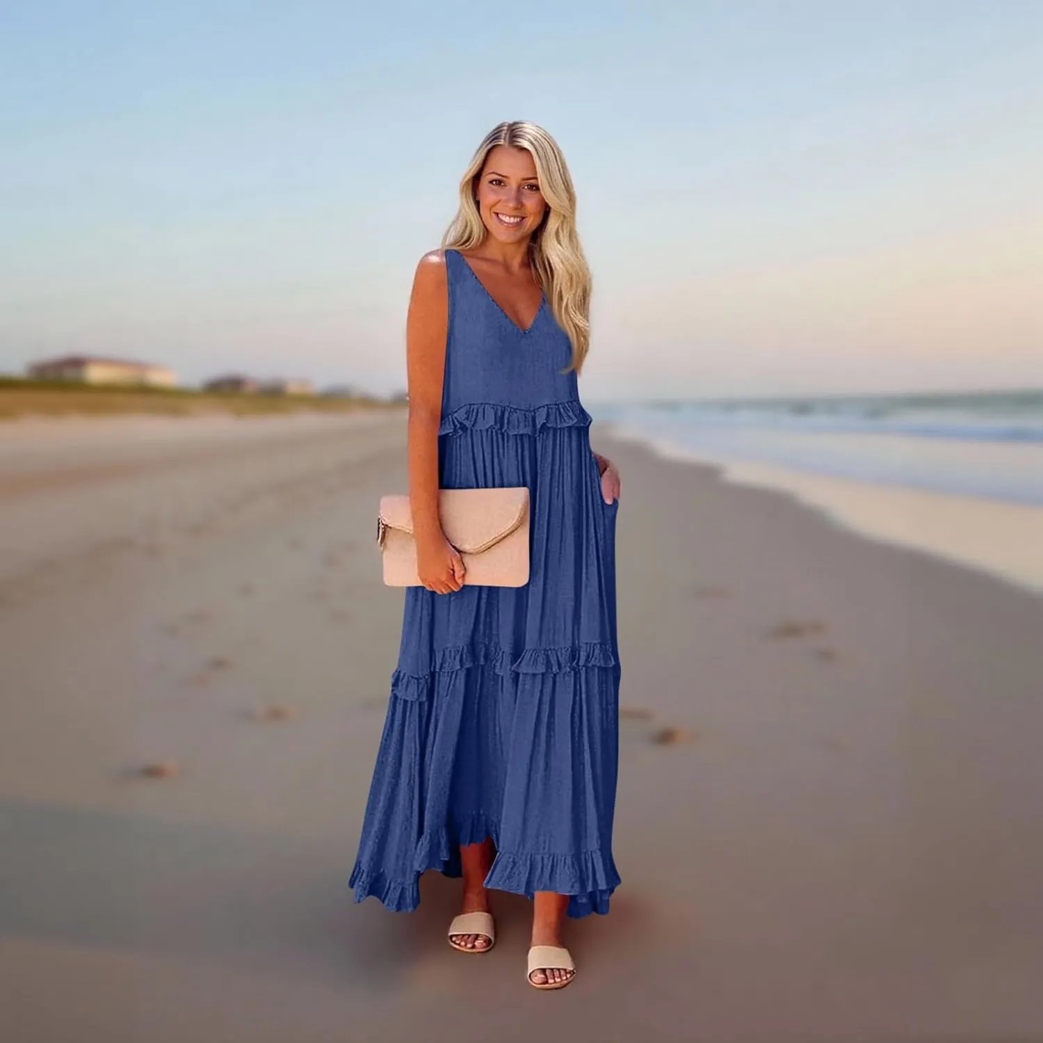 Smocked Dress Women Summer Sleeveless Tank Dresses Halter Tie Back Flowy Ruffle Tiered Maxi Dress with Pockets
