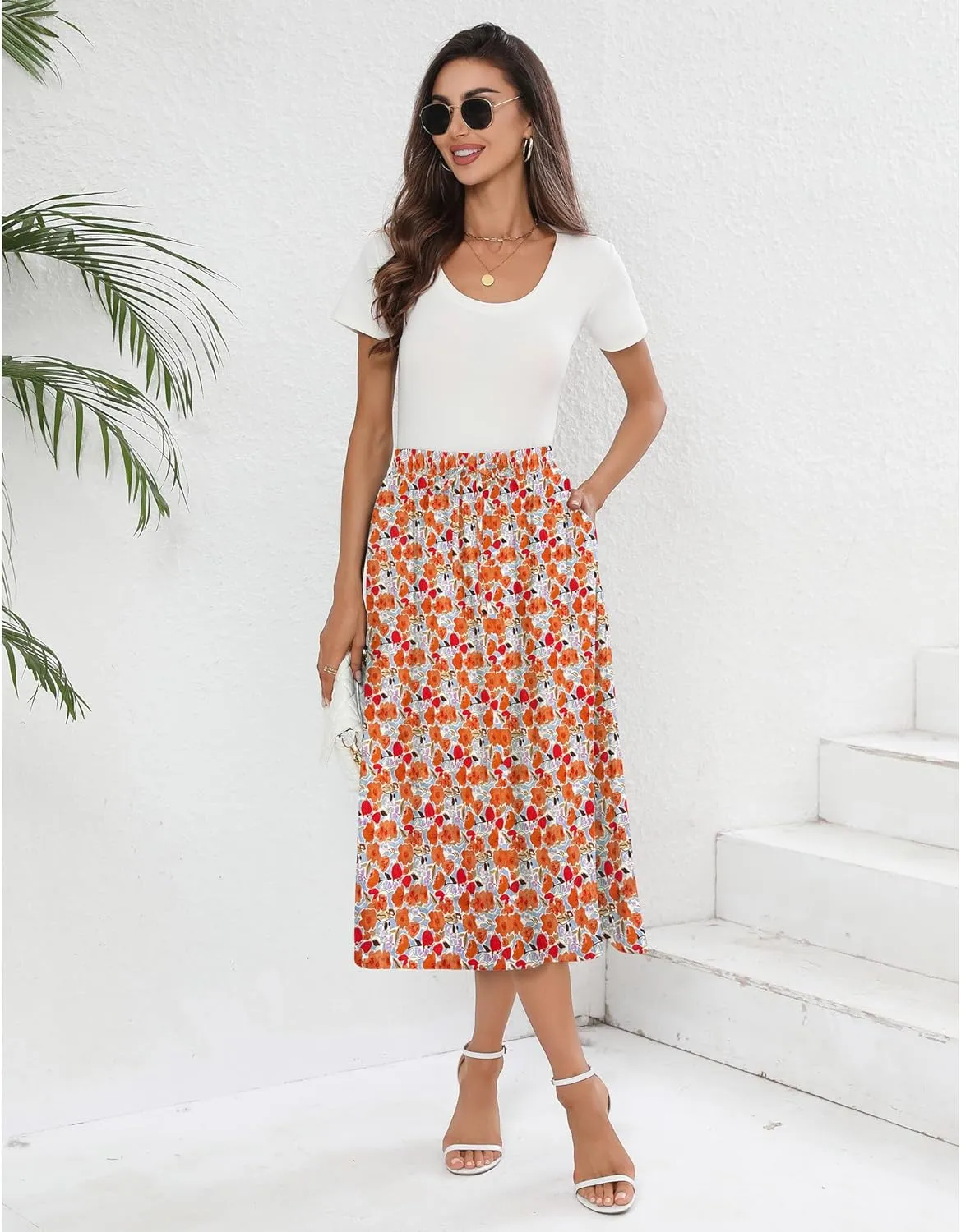 Summer Skirts with Pockets 2025 Boho Midi Length Skirt High Waisted Beach Cover Up for Women Trendy(S-2XL)