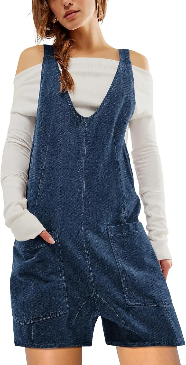 Tongmingyun Womens Summer Denim Overall Shorts Casual Sleeveless V Neck Jean Romper with Pockets