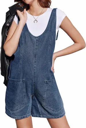 Tongmingyun Womens Summer Denim Overall Shorts Casual Sleeveless V Neck Jean Romper with Pockets