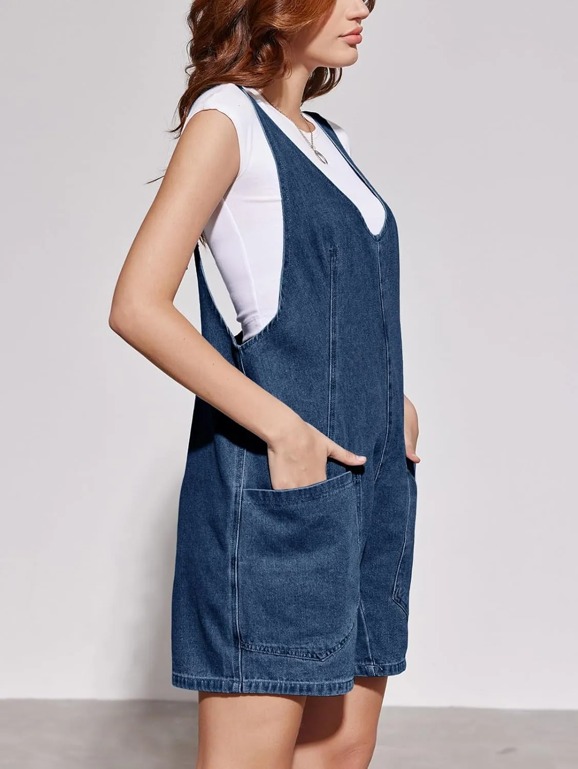 Tongmingyun Womens Summer Denim Overall Shorts Casual Sleeveless V Neck Jean Romper with Pockets