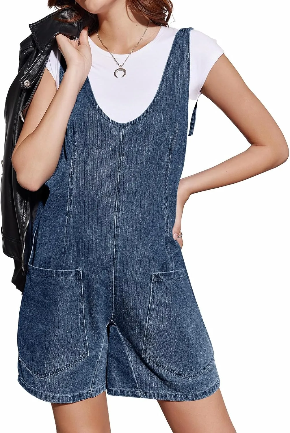 Tongmingyun Womens Summer Denim Overall Shorts Casual Sleeveless V Neck Jean Romper with Pockets