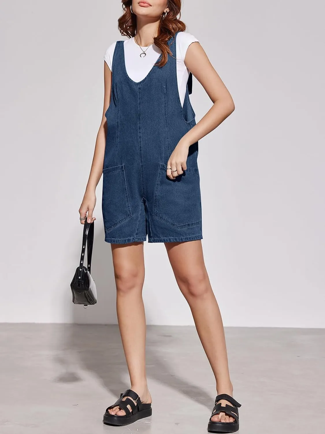 Tongmingyun Womens Summer Denim Overall Shorts Casual Sleeveless V Neck Jean Romper with Pockets