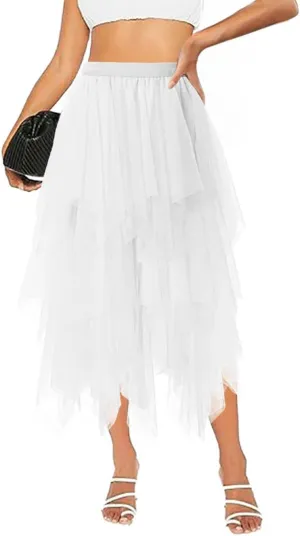 Tulle Skirts for Women Midi Long Tutu Skirt A-Line Mesh Layered Fairy Trendy High Elastic Waist Halloween Skirts