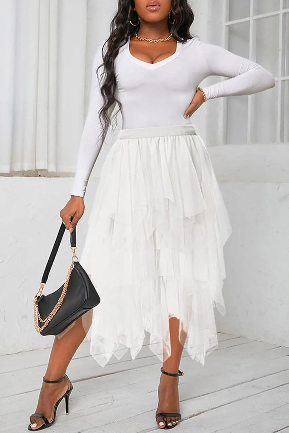 Tulle Skirts for Women Midi Long Tutu Skirt A-Line Mesh Layered Fairy Trendy High Elastic Waist Halloween Skirts