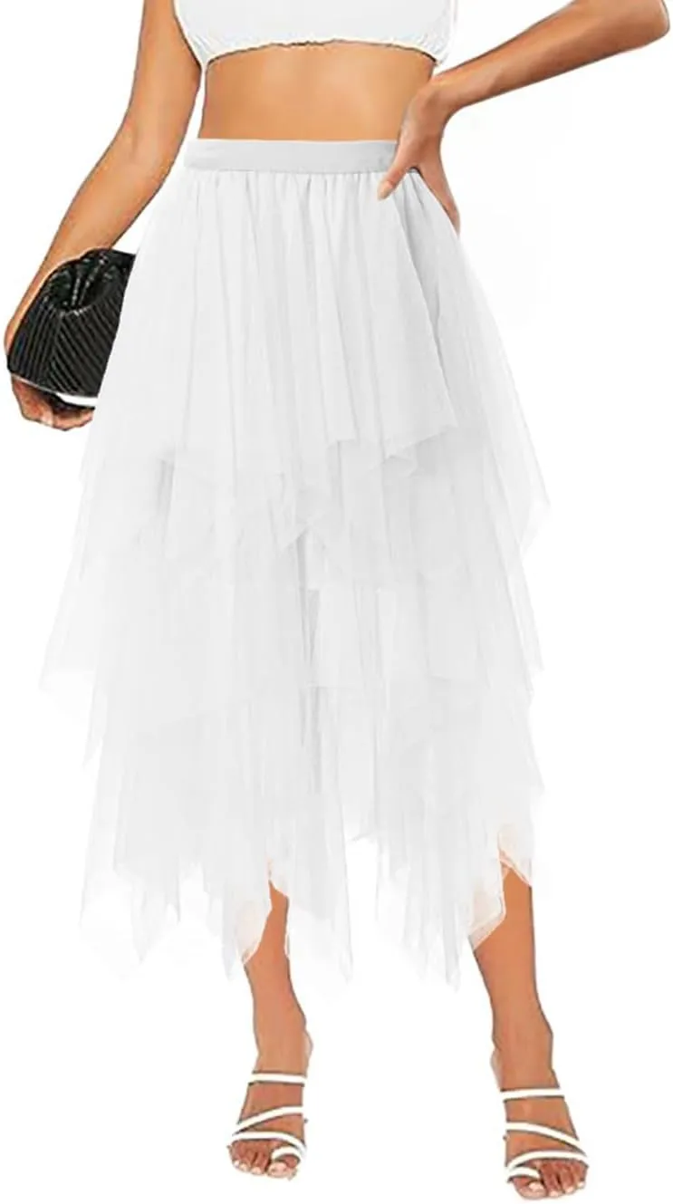 Tulle Skirts for Women Midi Long Tutu Skirt A-Line Mesh Layered Fairy Trendy High Elastic Waist Halloween Skirts
