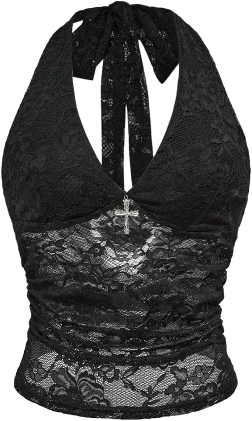 Verdusa Women's Gothic Sexy Halter Top Deep V Mesh Sheer Backless Fitted Crop Going Out Tops