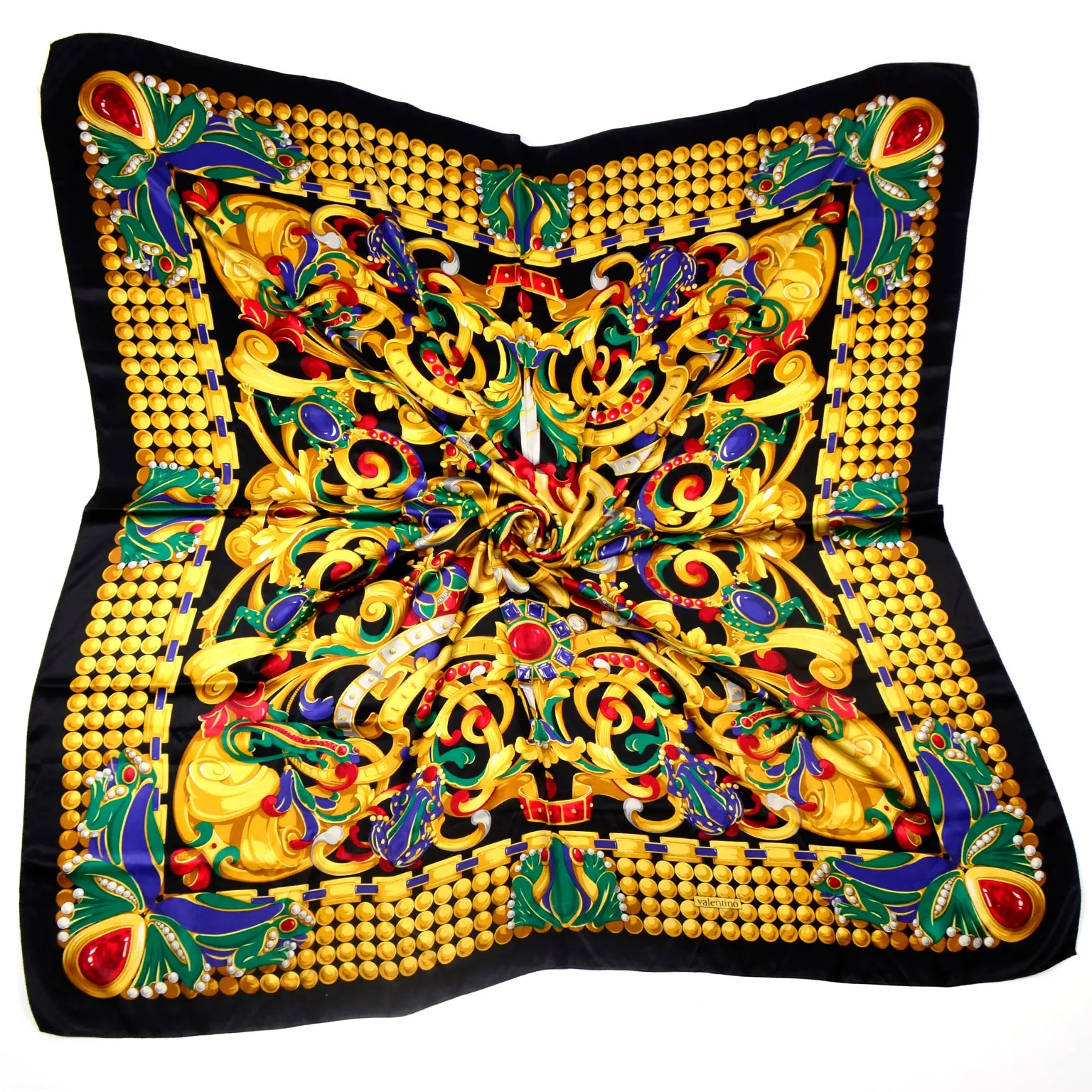 Vintage Valentino Colorful Jewels & Frog Print Silk Scarf