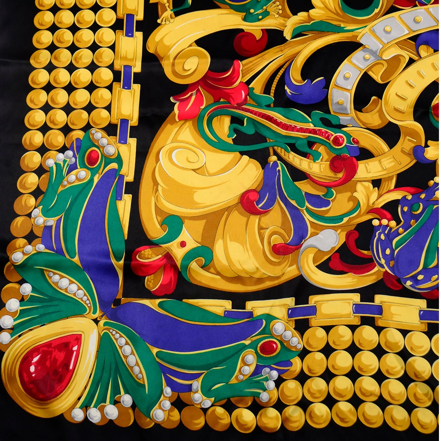 Vintage Valentino Colorful Jewels & Frog Print Silk Scarf