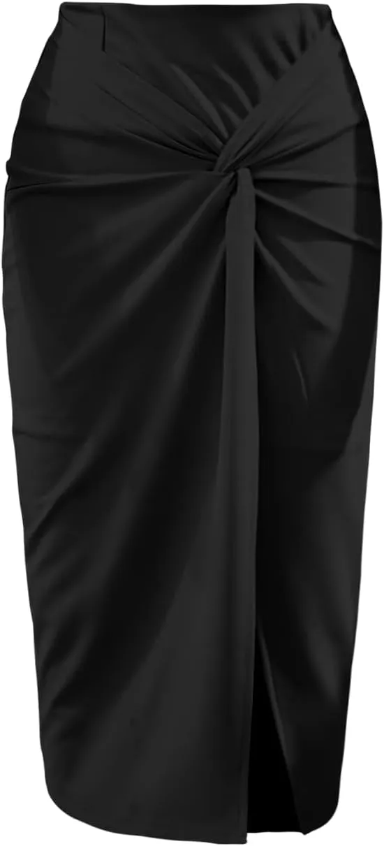 Wear to Work Pencil Skirts for Women Twist Front Elastic High Waist Split Thigh Business Skirt