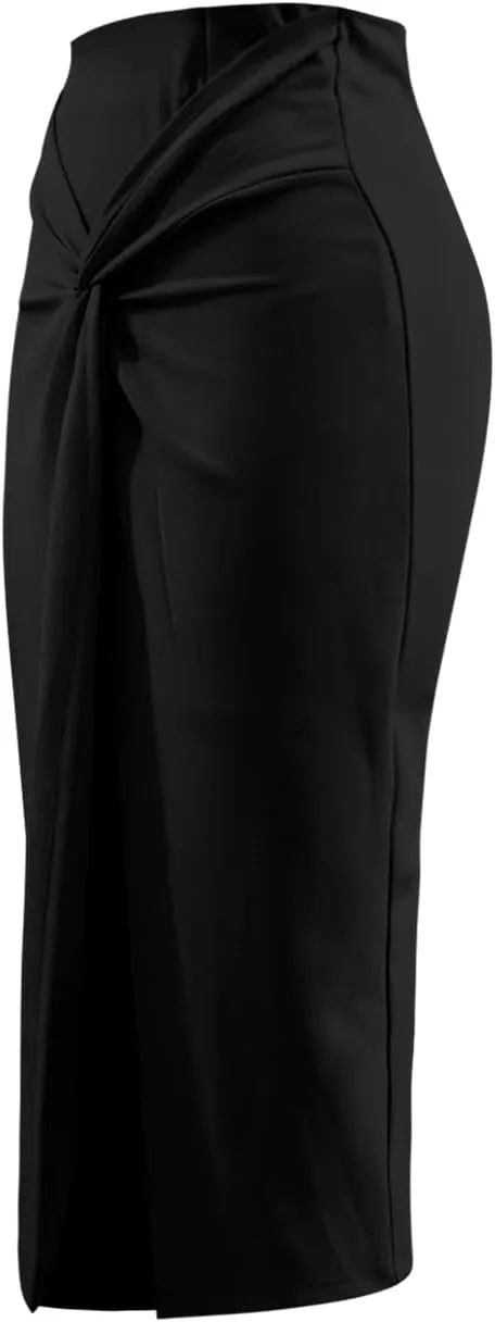 Wear to Work Pencil Skirts for Women Twist Front Elastic High Waist Split Thigh Business Skirt