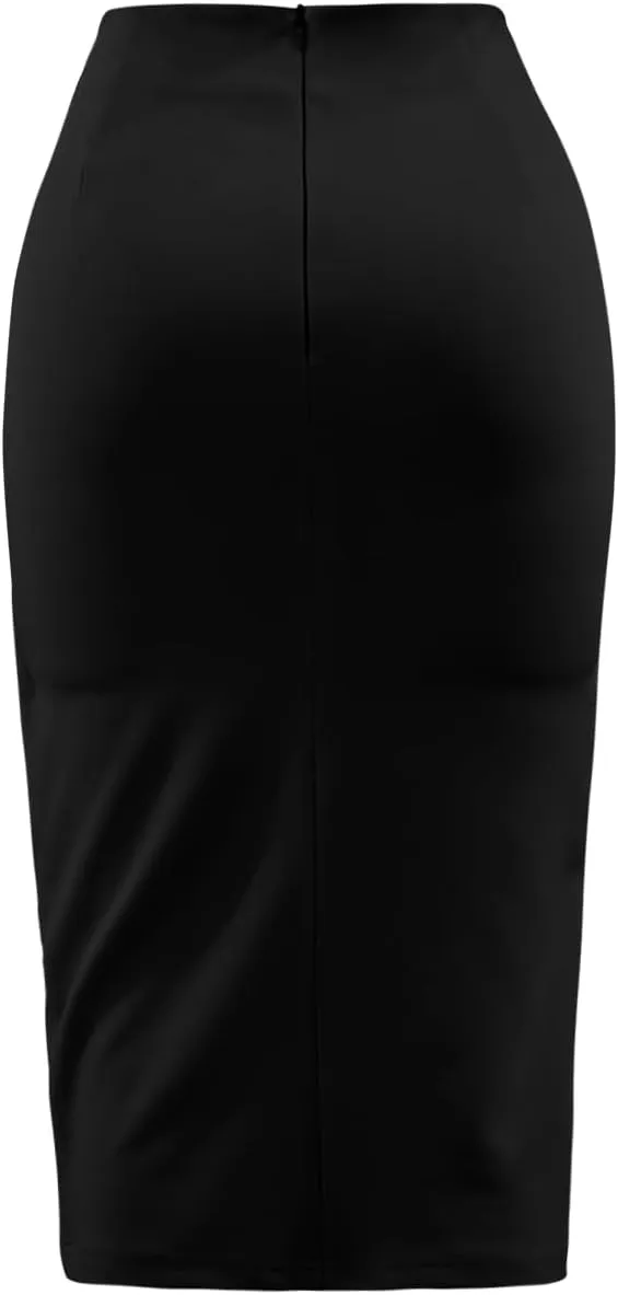 Wear to Work Pencil Skirts for Women Twist Front Elastic High Waist Split Thigh Business Skirt
