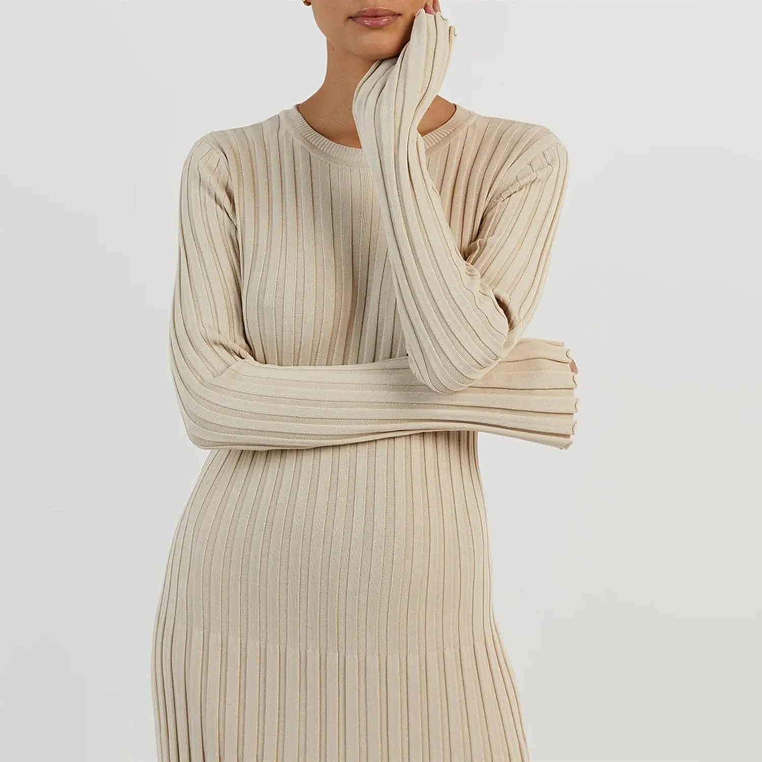 Women Bell Long Sleeve Knit Maxi Dress Crewneck Ribbed Bodycon Long Dress Slim Fit Y2K Sweater Dress Streetwear