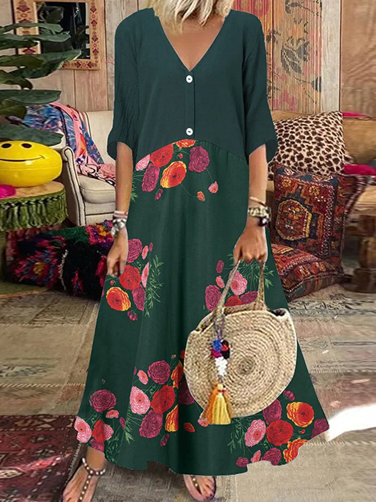 Women Bohemian 100% Cotton Floral Printed Ankle Length Midi Dresses