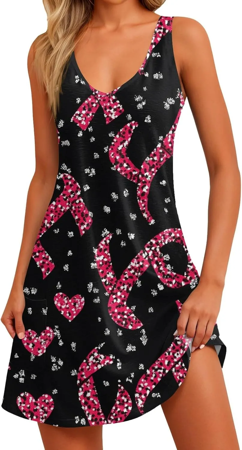 Women Summer Dresses Sleeveless V Neck Swimsuit Coverup Vacation Casual Sundress Printed Beach Dress with Pocket