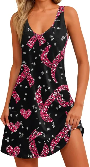 Women Summer Dresses Sleeveless V Neck Swimsuit Coverup Vacation Casual Sundress Printed Beach Dress with Pocket