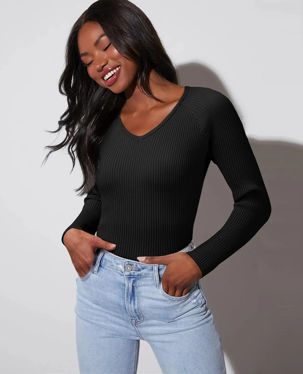 Women's 2024 V Neck Sweaters Fashion Fitted Long Sleeve Ribbed Knitted Pullover Trendy Business Work Tops