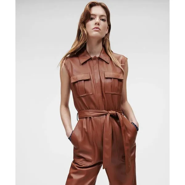 Women's Brown Real Leather Playsuit