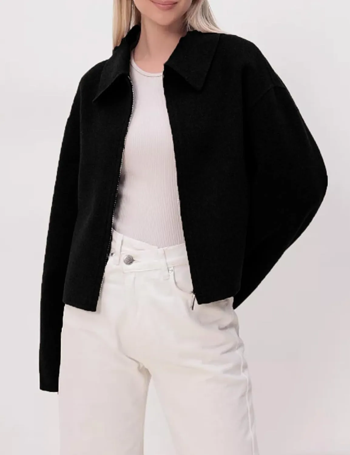 Womens Cropped Wool Jacket Warm Winter Fleece Bomber Jacket Zip Up Short Pea Coats with Pockets