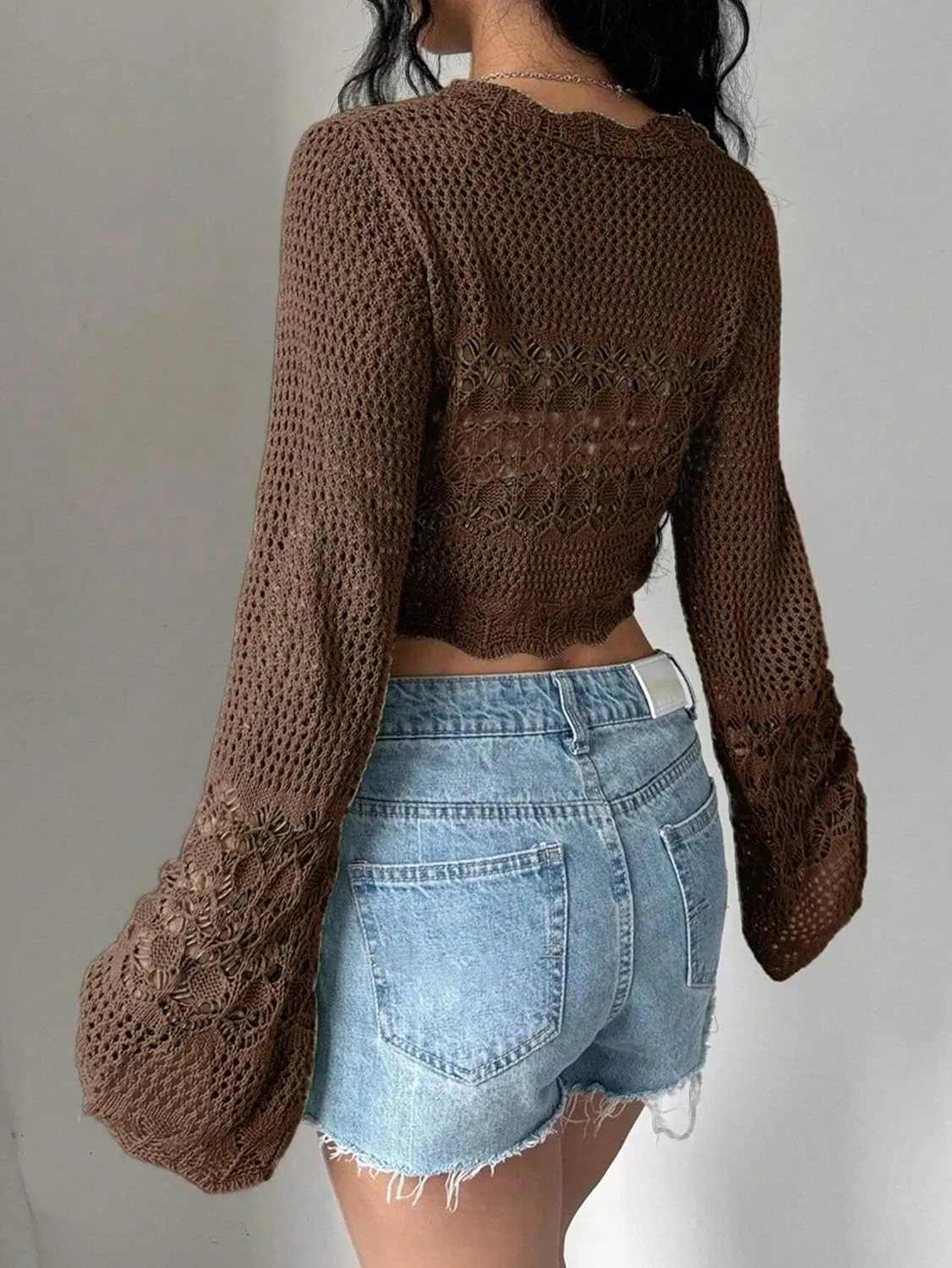 Women's Hollow Out Tie Front Sweater Cardigans Flare Long Sleeve Knitted Cropped Shrug Cardigan