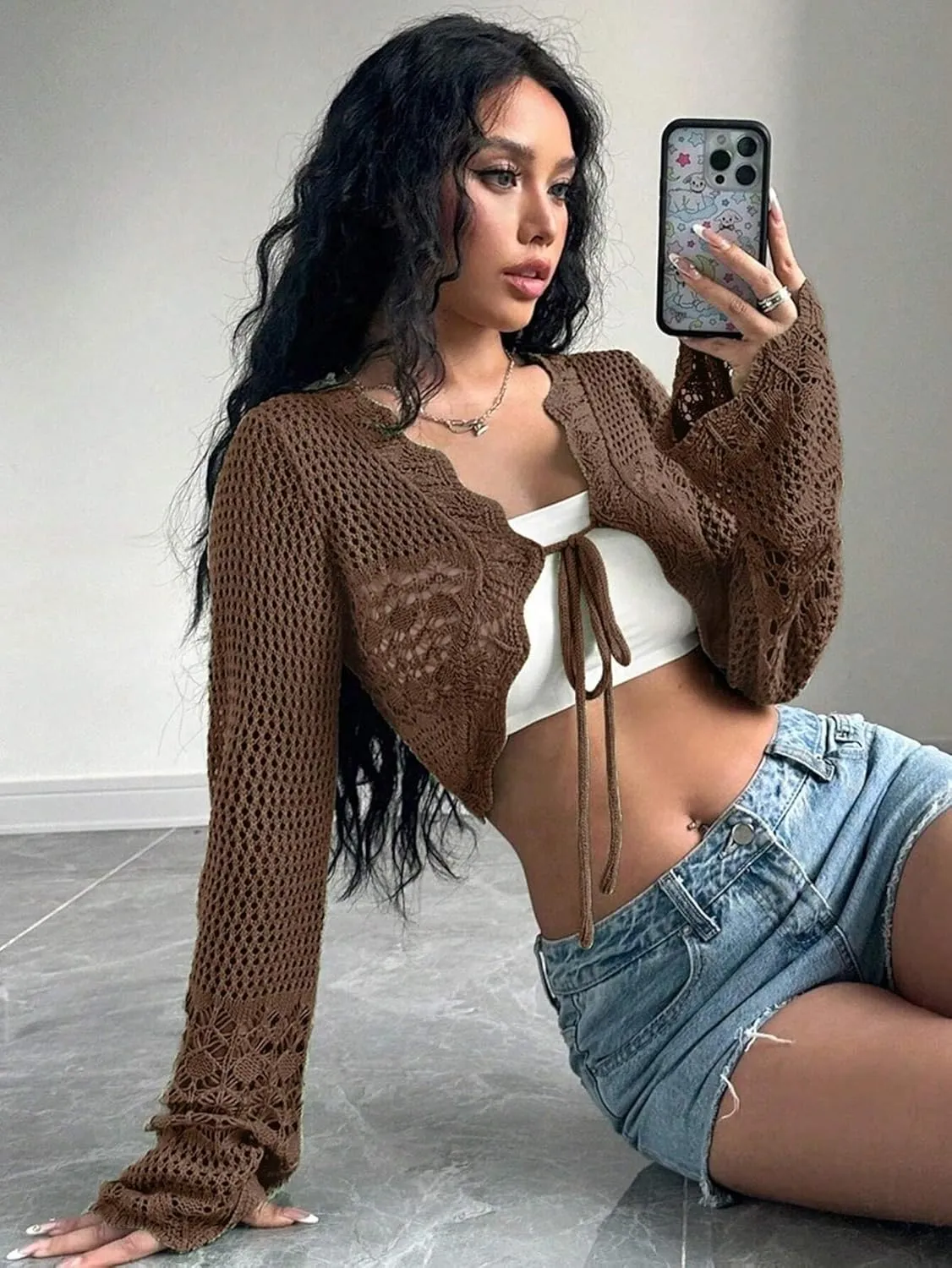 Women's Hollow Out Tie Front Sweater Cardigans Flare Long Sleeve Knitted Cropped Shrug Cardigan