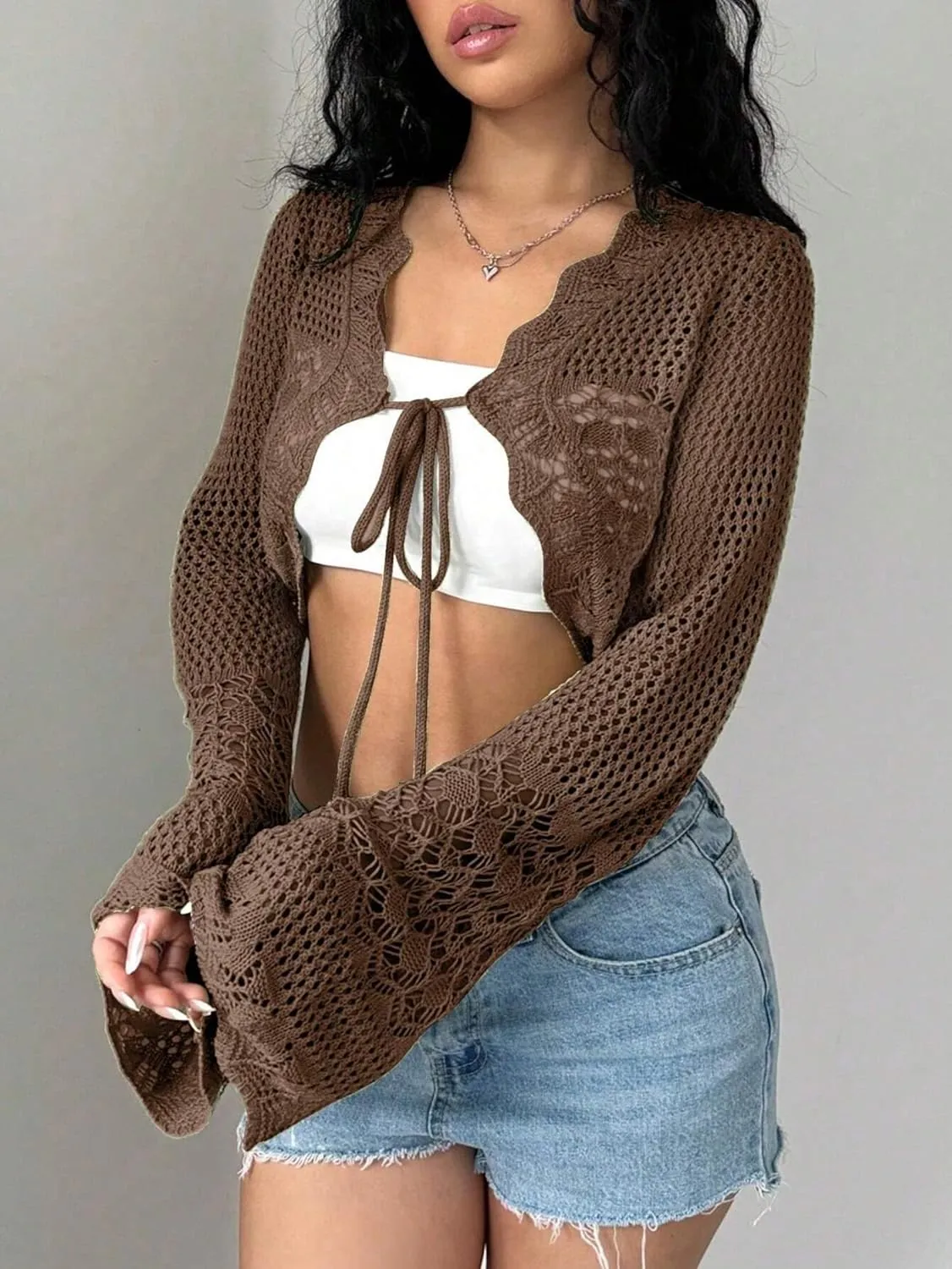Women's Hollow Out Tie Front Sweater Cardigans Flare Long Sleeve Knitted Cropped Shrug Cardigan