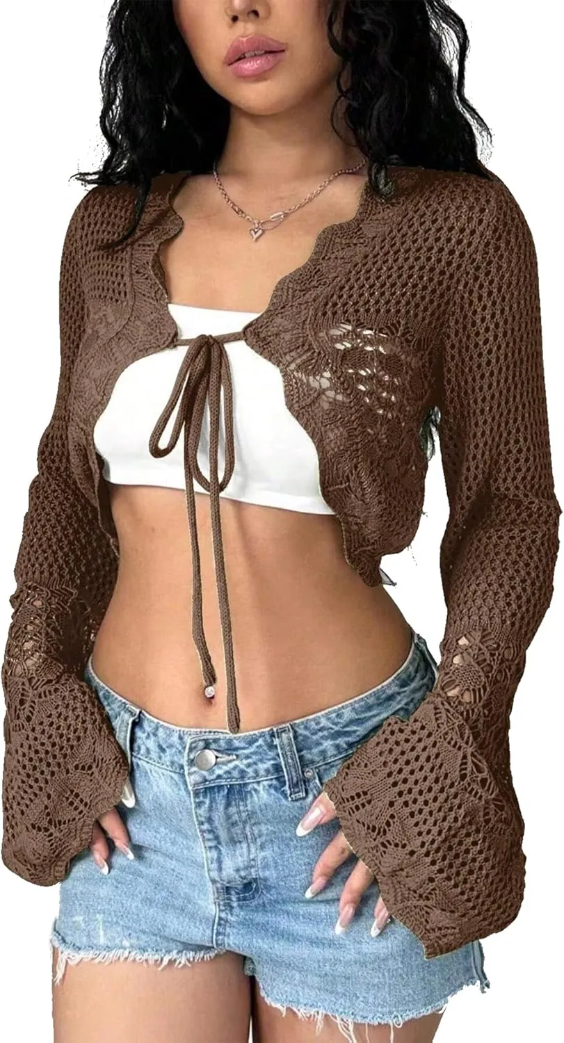 Women's Hollow Out Tie Front Sweater Cardigans Flare Long Sleeve Knitted Cropped Shrug Cardigan