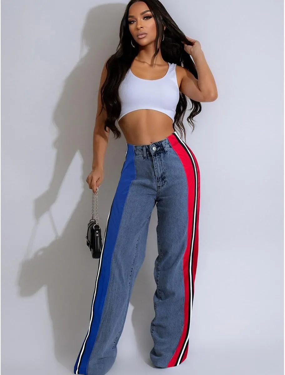 Womens Jeans High Waisted Wide Leg Patchwork Stripes Stretchy Jean Color Block Straight Trendy Demin Pants
