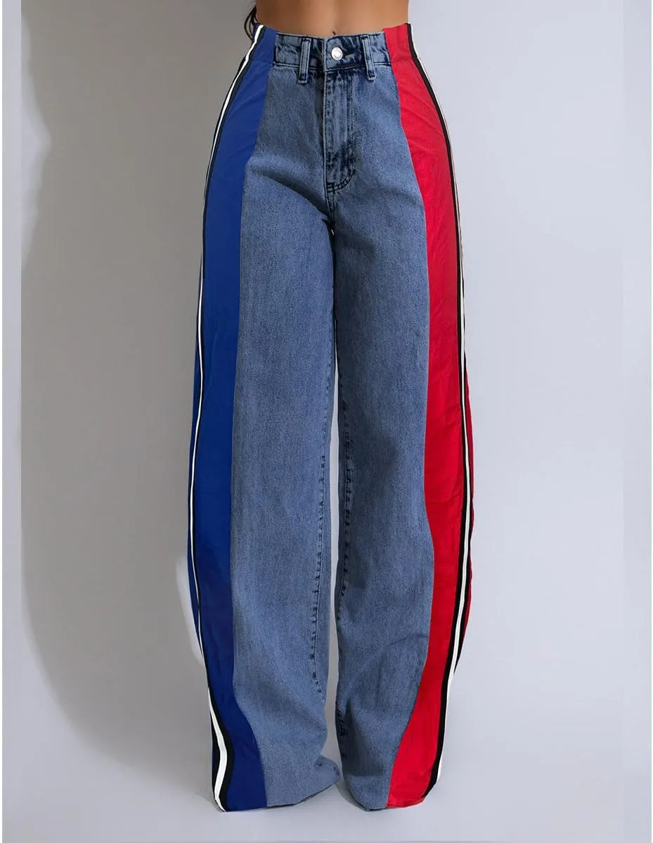 Womens Jeans High Waisted Wide Leg Patchwork Stripes Stretchy Jean Color Block Straight Trendy Demin Pants