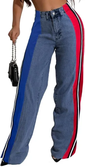 Womens Jeans High Waisted Wide Leg Patchwork Stripes Stretchy Jean Color Block Straight Trendy Demin Pants