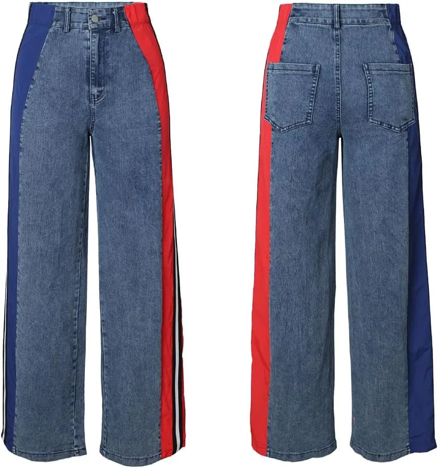 Womens Jeans High Waisted Wide Leg Patchwork Stripes Stretchy Jean Color Block Straight Trendy Demin Pants