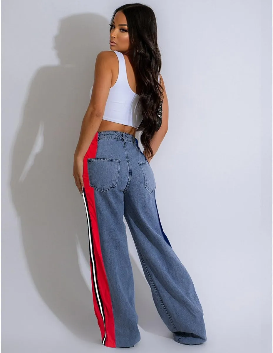 Womens Jeans High Waisted Wide Leg Patchwork Stripes Stretchy Jean Color Block Straight Trendy Demin Pants