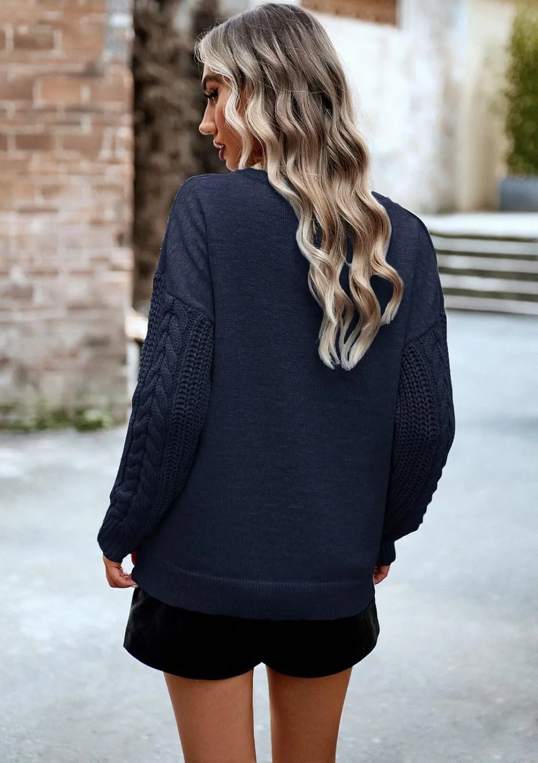 Women's Long Sleeve Pullover Sweater 2025 Spring Fall Casual Crewneck Solid Color Cable Knit Soft Jumper Tops