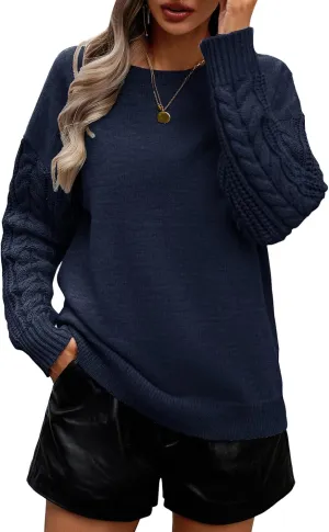 Women's Long Sleeve Pullover Sweater 2025 Spring Fall Casual Crewneck Solid Color Cable Knit Soft Jumper Tops