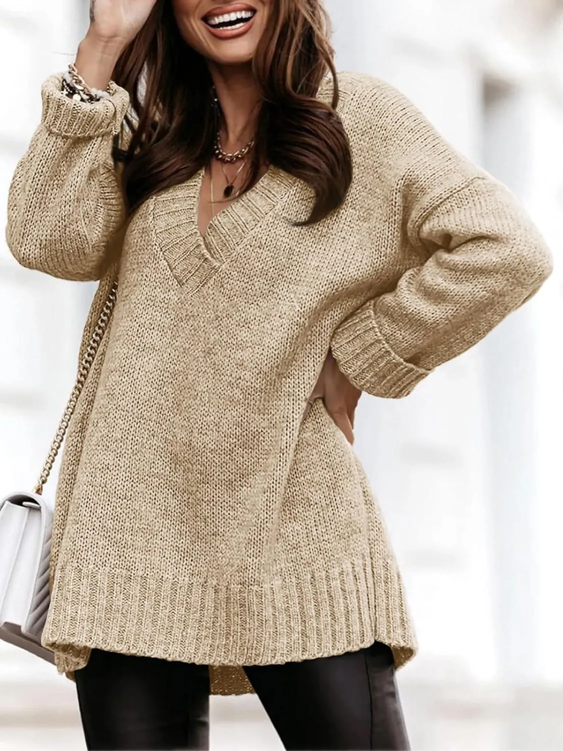 Womens Loose Sweaters Sexy V Neck Long Sleeve Solid Knitted Jumper Pullover Sweatshirt Tops