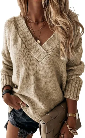 Womens Loose Sweaters Sexy V Neck Long Sleeve Solid Knitted Jumper Pullover Sweatshirt Tops