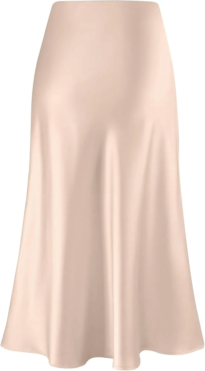 Women's Midi Satin Skirt Dressy Casual High Waisted A Line Flowy Ruffle Elegant Summer Party Cocktail Calf Length Skirts